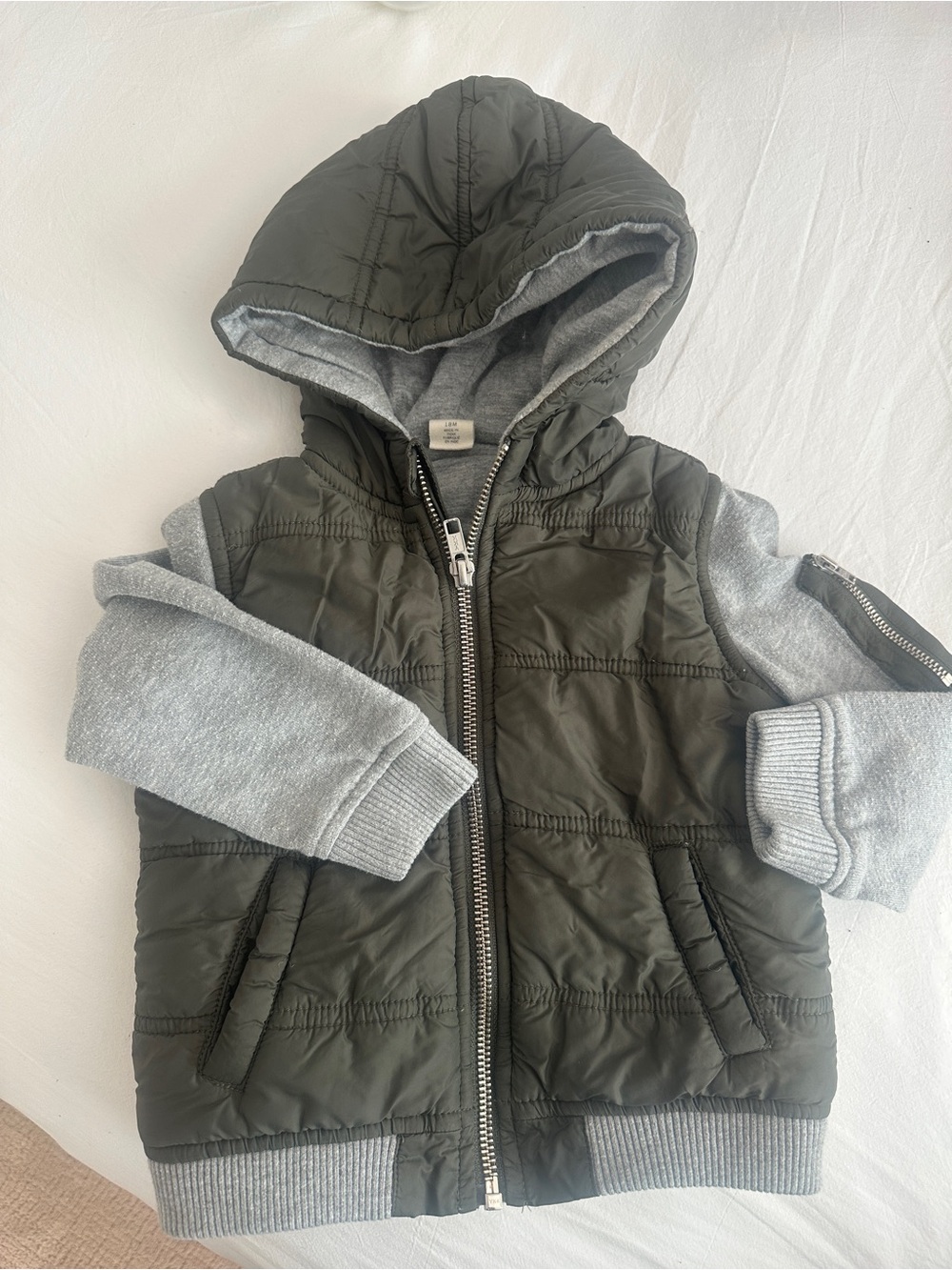 Tucker + Tate Kids Hooded Puffer Vest with Grey Sleeve Hoodie - Olive Green